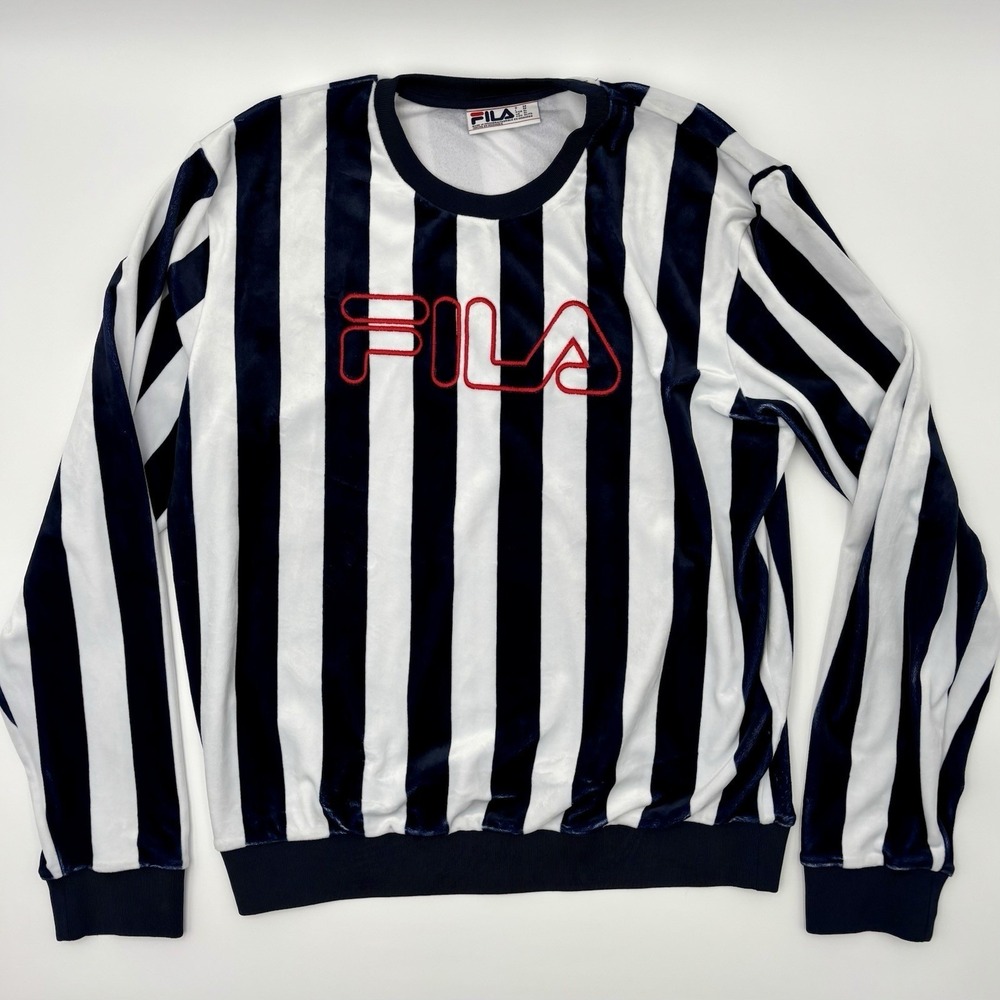 Filaβ Vintage Velour Sweatshirt Men XL Black White Striped Crewneck Retro 90s